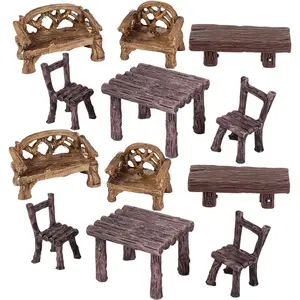 12 Pieces Garden Furniture Ornaments Miniature Table and Chairs Set Village Micro Resin Bench Chair for Dollhouse Accessories Home Micro Landscape (Vintage Style) - Home Improvement.