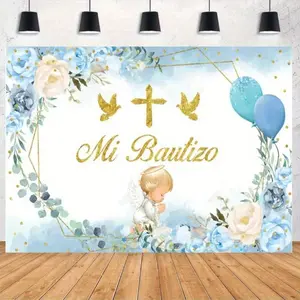 Elegant Blue & Golden Christening Angel Backdrop with Floral Design for Baptism Portrait Photography Wishing Banner & Serene Angel Illustration Ideal forWedding Arch Cover