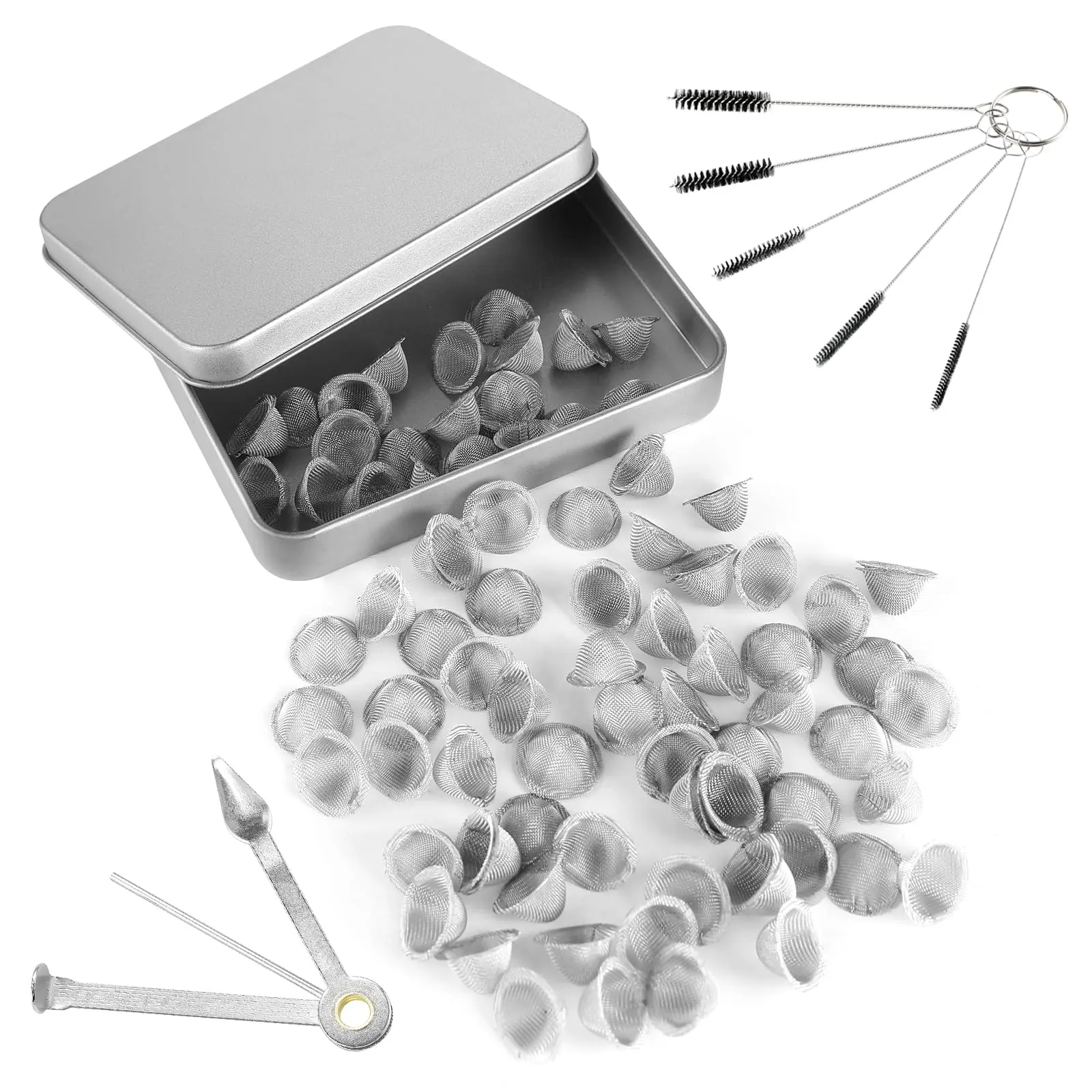 70 PCS 1/2 in Stainless Steel Mesh Pipe Screens Set, Adjustable Size Tapered Reusable Filters, Includes Portable Cleaning Tools, Brush & Stainless Steel Storage Box