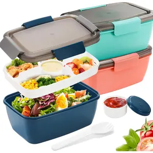 3 count 68 Oz Salad Lunch Container with 4 Compartment Tray, Bento Lunch Box with Spoon & Dressing Cup, Leakproof Salad Container for Lunch, Toppings, Snacks, Fruits,