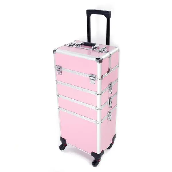 OmySalon 4-in-1 Rolling Makeup Train Case - Travel Cosmetic Bag, Makeup Storage Bag, Lift Handle, 4 Removable Lockable Wheels with Keys, Aluminum Trolley Organizer for Beauty Professionals, Ideal Xmas/New Year Gift