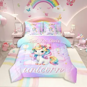 Girls Unicorn Comforter Set,Rainbow Purple Unicorn Bedding Set,7 Piece,Cute Pink Bow Knot Bed Set,Girly Bowknot Comforter