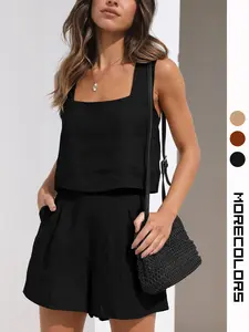 USBoutiqueCHIC Women's Summer Casual Set | Linen-Look Top and Shorts Set for Outing & Vacation