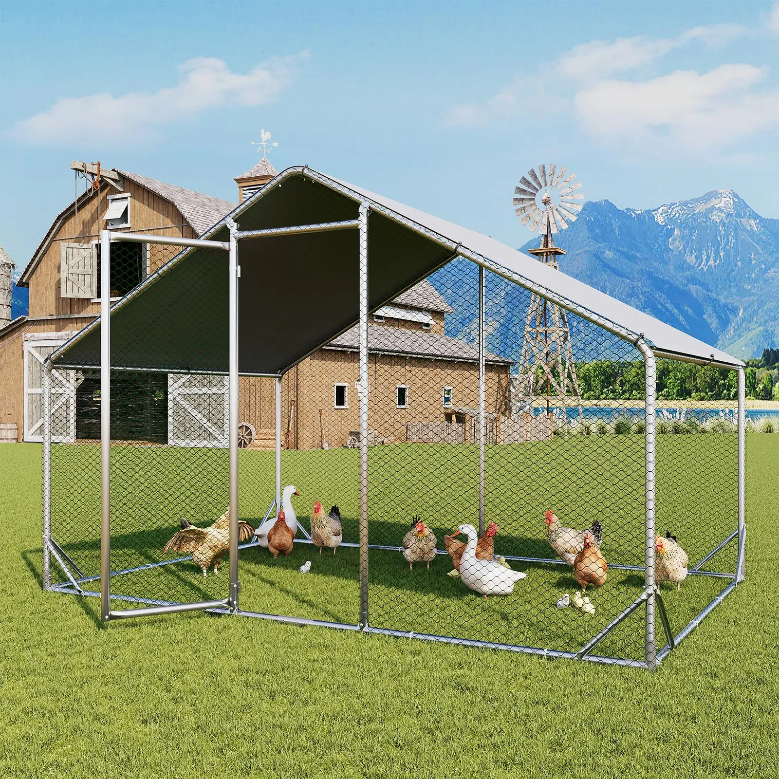 Aoxun Large Metal Chicken Coop with Cover, Spire Roof Hen House Enclosure, Security Lock, Walk-in Cage Peak Hen House for Yard Farm, Outdoor Chicken Cage