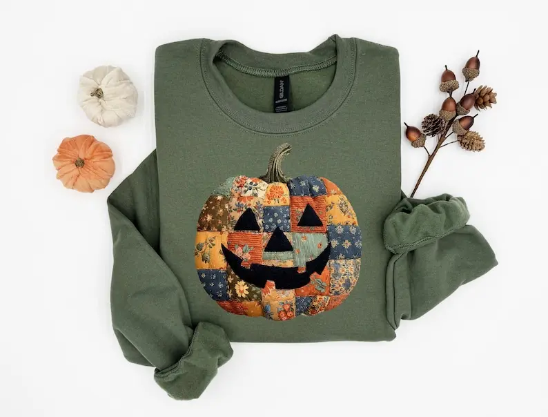 Retro Patchwork Halloween Pumpkin Sweatshirt/T-shirt, Halloween Pumpkin Shirt, Spooky Season Sweater, Halloween Cute Women Outfit, Halloween Gift