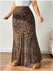 Plus Size Women's Vintage Leopard Print Mermaid Skirt, High-Waisted Slimming Long Skirt, Elegant Floral Pattern, All Seasons Wear