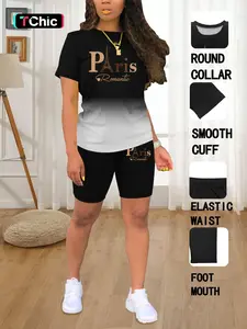Summer Round Neck Short Sleeve Plain Printed T-Shirt Shorts Set, Casual Fitted Cartoon Pattern, Women's Fashion, Womenswear Outfit