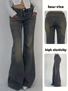 Casual Fashion Women's Vintage Washed High Stretch Low Waist Denim Fit Jeans, Bell Bottom Long Pants, Daily Wear Everyday, Comfortable and Stylish