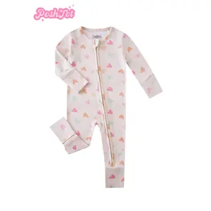 POSHTOT Colorful Small Heart Print Bamboo Fiber Breathable Baby Long Sleeve Jumpsuit with Two-Way Zipper & Convertible Gloves for Newborns 0-2 Years Christmas Gift