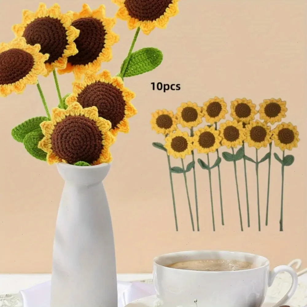 10pcs Handmade Crochet Artificial Sunflower Bouquet - Vibrant Yellow-Brown Spiral Design, Allergy-Friendly Decorative Flowers, for Home Decor, Wedding Gift, Mother’s Day Present, Crochet Artificial Flowers