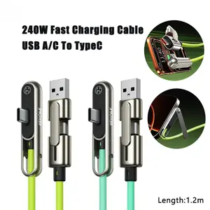 2in1 Portable 240W Super Fast Charging Dual-Type Type-C Charger Cable Phone Tablet Foldable Holder USB A/C To TypeC Data Cable with Folding Bracket For iPhone