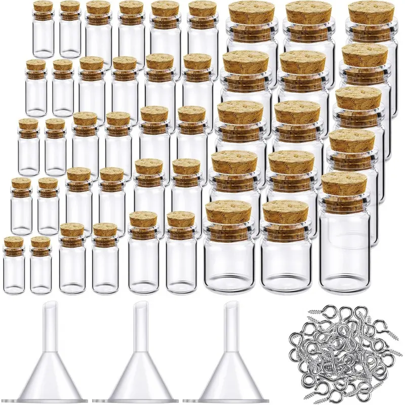 45 Pcs Small Mini Glass Bottles with Cork Stoppers Small Glass Jars with Lids Tiny Spell Jars with 50 Eye Screws and 3 Funnels for DIY Art Craft(0.5ml, 1ml, 3ml, 5ml, 10ml)-L