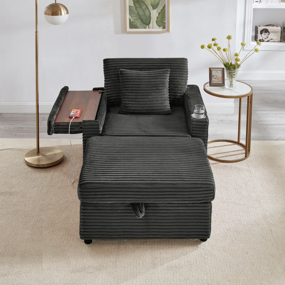 [Bellemave]  Comfortable Fluffy Corduroy Lazy Sofa, Storage Space for Big Single Chair, Super Soft Chaise Lounge with Ottoman and Table Board,Suitable for Chailiving Room,Apartment