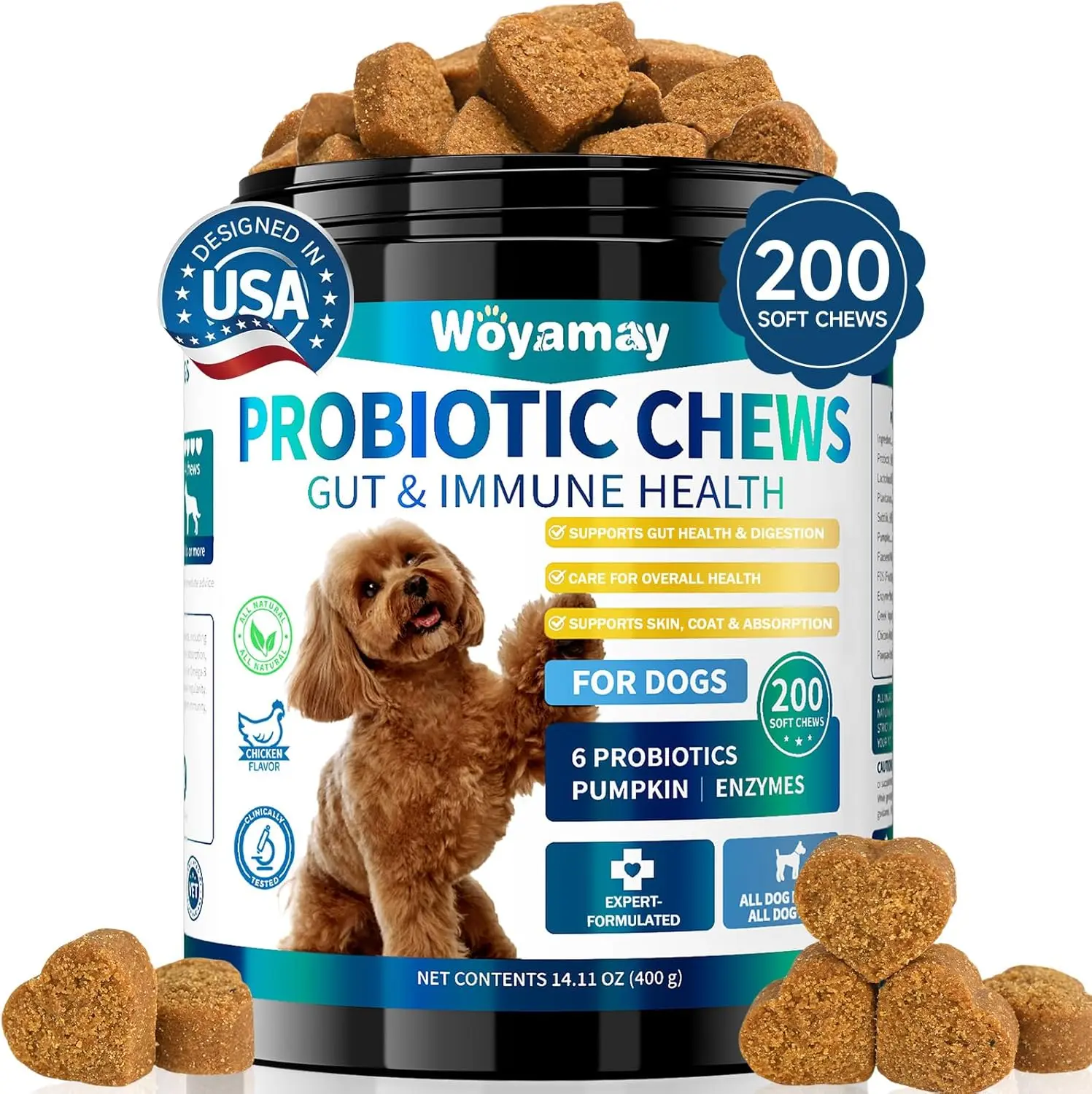 Woyamay Probiotic Multivitamin Soft Chews for Dogs, 200 Treats, Gut Health and Immune Support with Enzymes, Prebiotics and FOS Fiber, Chicken Flavor Dog Products Supplements #SummerVibe #Petlovers DealsForYouDays