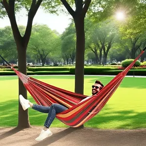 Double courtyard outdoor hammock, Durable Hammock, made of enlarged and thickened coarse cotton canvas, equipped with two thick binding ropes, suitable for outdoor courtyards, camping gatherings, and team building, Swing Hammock