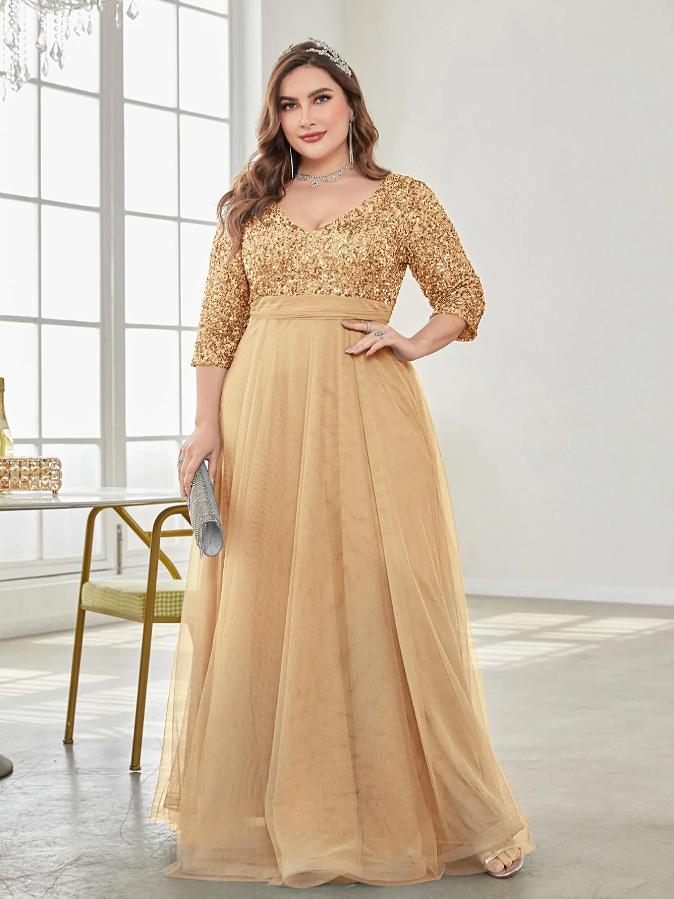 Long sleeve woven sequined fabric formal dresses, elegant party wear for special occasions, stylish evening dresses with unique designs, Loose fit, perfect for weddings and formal events, Womenswear