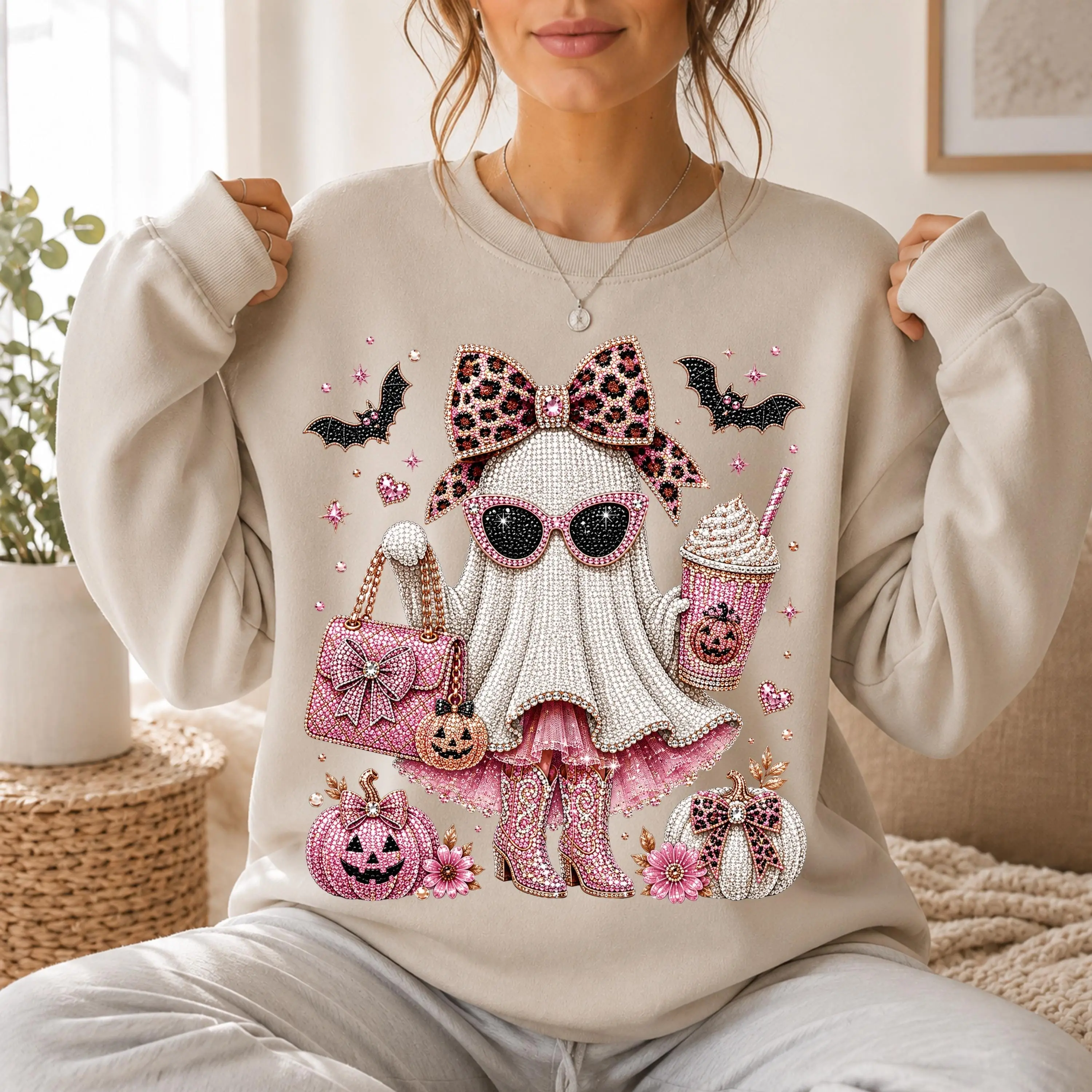 Cute Rhinestone Ghost Sweatshirt Women, Coquette Halloween Pullover Pink Leopard Bow Ghost Bling Pumpkin Coffee Girly Halloween Crewneck Sweatshirt, Fall Graphic Sweater Cozy Comfort Colors Top