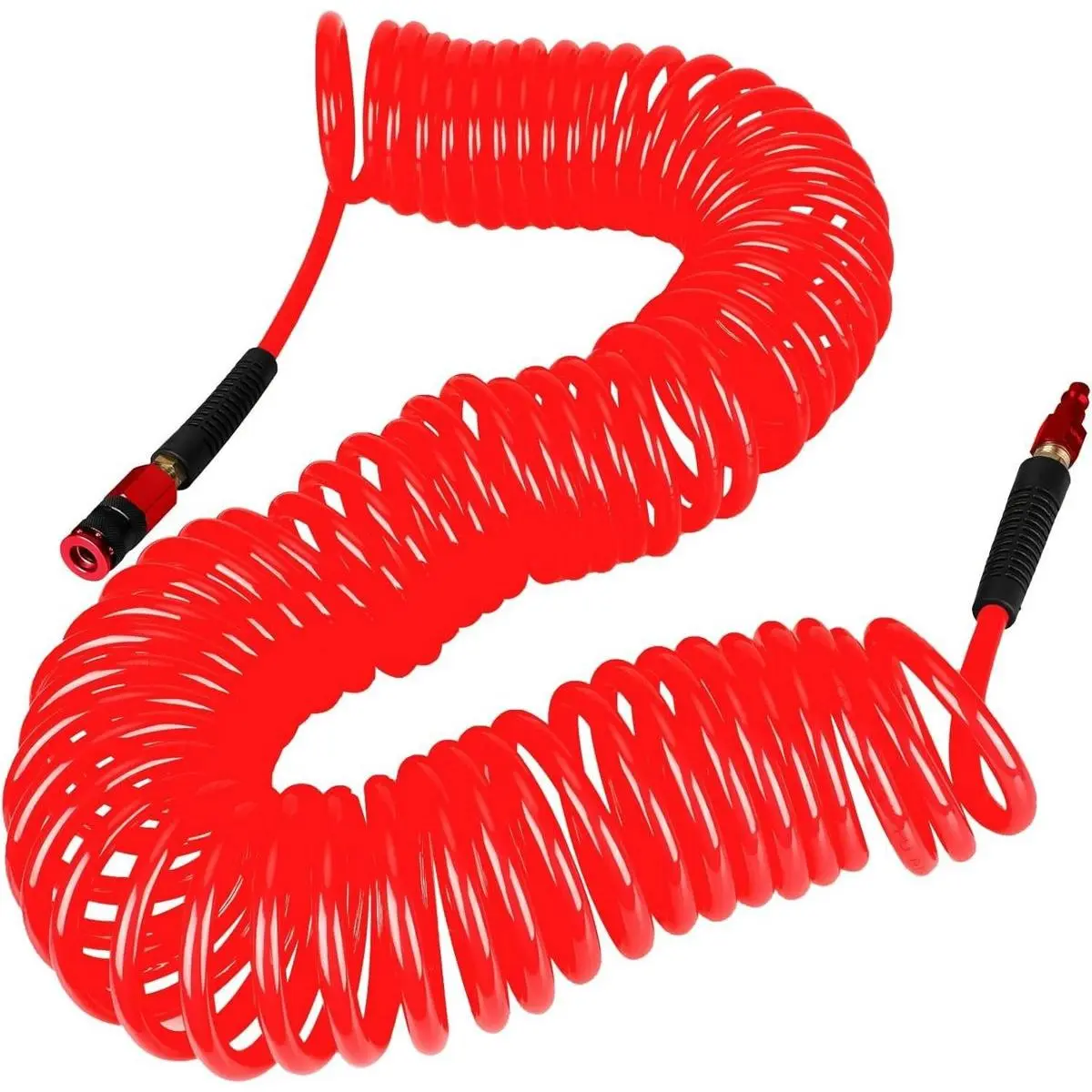 Heavy Duty Polyurethane Coiled Recoil Air Hose (1/4 in x 50ft Length, 25ft Option), Lightweight Flexible Compressor Hose with Universal Quick Coupler, Universal Plug, Bend Restrictors - Home & Party Gift Supply