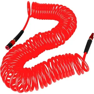 Heavy Duty Polyurethane Recoil Air Hose 1/4 in x 50 ft, Lightweight, Flexible Compressor Hose with Universal Quick Coupler, I/M Plug and Bend Restrictors, Redgiftgiftgift