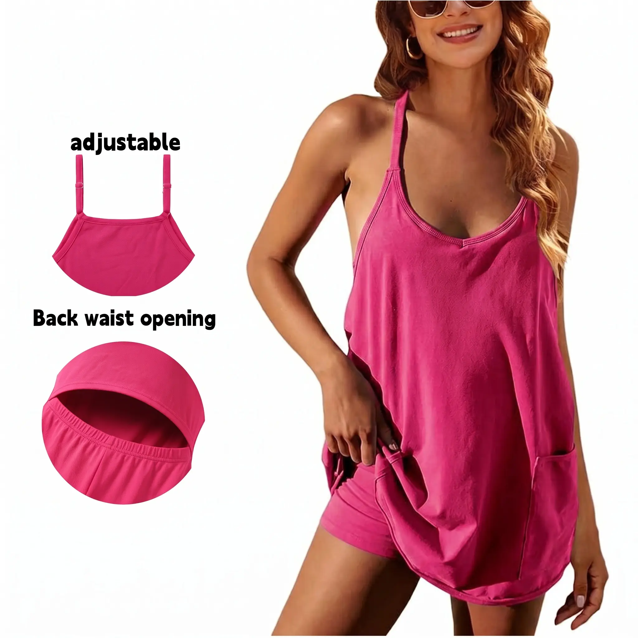 Women's Athletic Sleeveless Mini Dress with Built-in Shorts V Neck adjustable shoulder strap Short Tennis Dress with Pockets Casual Mom Life Postpartum Style thin summerwins lightweight
