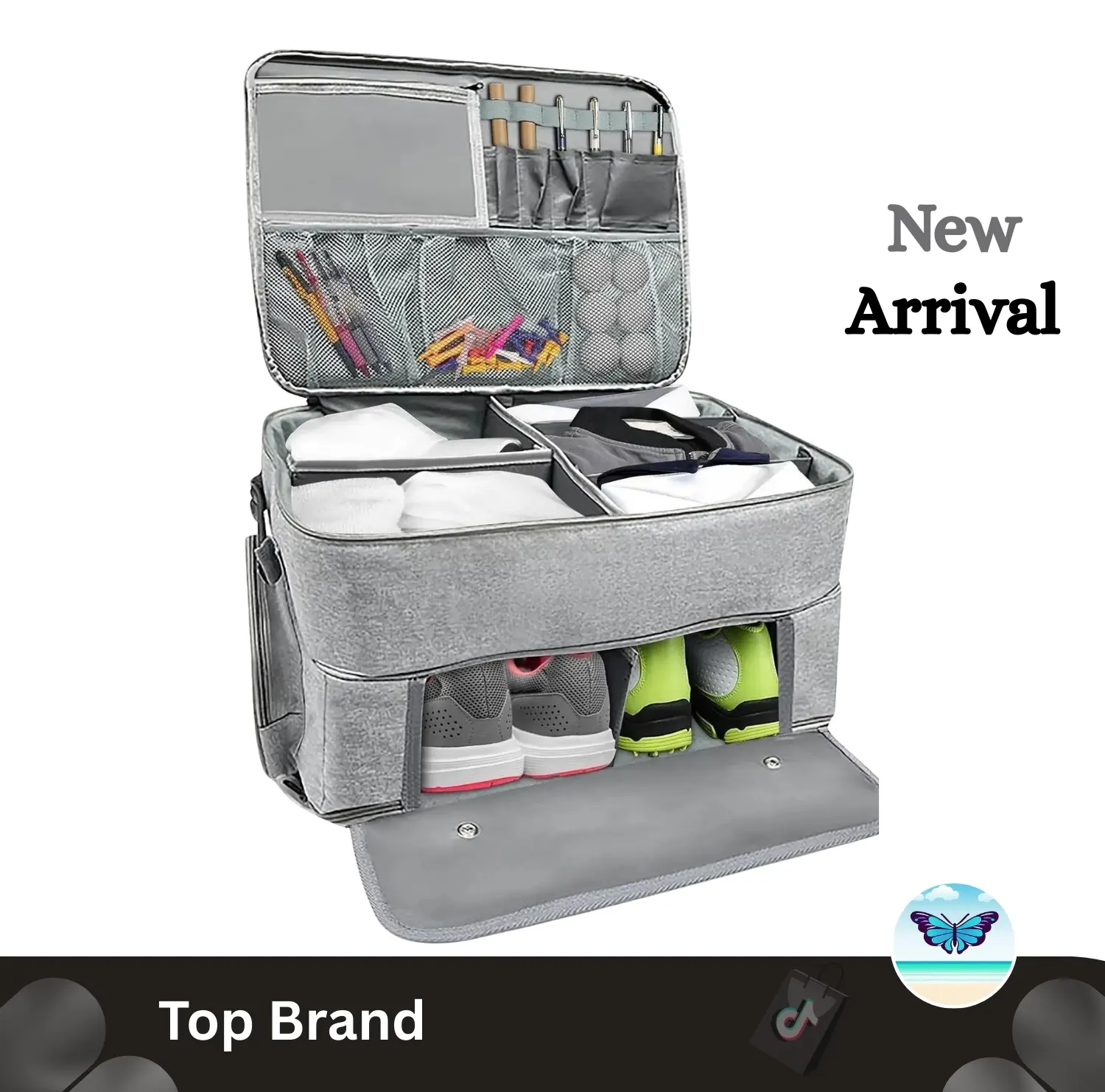 Golf Trunk Organizer, 2-Layer Casual Sports Bag in Gray Oxford Fabric with Ventilated Shoe Compartment - Waterproof Golfing Accessory Holder for Men, Fathers Day Gift, Birthday, With Compartments, Easter, Sturdy, Xmas, Top Stays Upright
