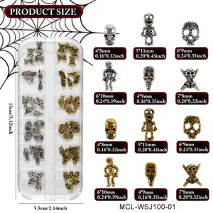 Nail Charm Halloween 3D Skeleton Vintage Silver Gold 60pcs/Box