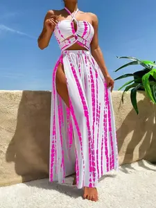 Women's Tie-Dye Print Sexy Two-Piece Bikini Set with Skirt, Three-Piece Swimsuit, All Seasons, Sexy Style, No Ca Prop 65