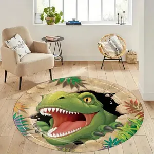 Dinosaur Round Area Rug for Living Room Bedroom Game Zone, Polyester Fiber, Ideal for Camping Porch Outdoor Use