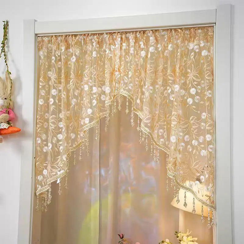 No-hole floral lace arched curtain valances adorned with crystal beads, vintage-style fringed door curtains, ethereal tulle curtains, and cozy bedroom decor—the perfect gift for renters