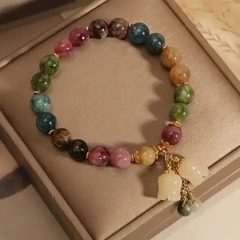 Bohemian Style Tourmaline & Orchid Charm Bracelet - Luxury Natural Stone Charms Women Handmade Beaded Bracelet Valentine's Day Jewelry Gift Vintage Women Bead Bracelet Jewelry