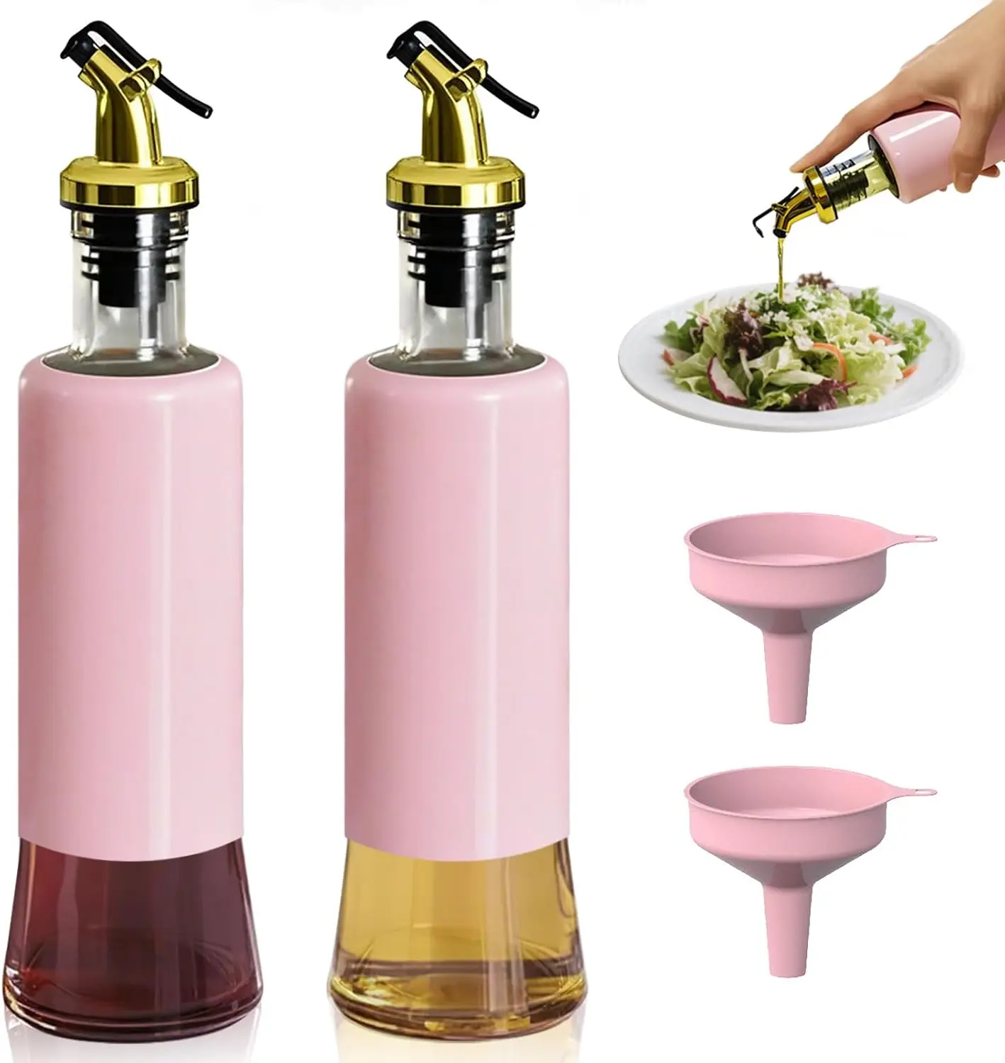 2-Pack 10oz/300ML Lead-Free Food Grade Glass Oil Dispensers Set, Thin Tall Slim Leakproof Kitchen Utensils with Pink-Gold No-Drip Spout, 1-Handed Hold, Pink Funnel, Water Bottle Compatibility (Ideal for New Home, Wedding)