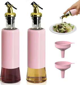 10oz/300ML Food Grade Glass Olive Oil Dispenser Bottle Set of 2, Tall Slim Leakproof, Pink-Gold Non-Drip Spout, 1-Handed Hold, Pink Funnel, Gold Kitchen Accessories, Safe Healthy Multi-Functional Kitchen Utensil (Water Bottle Compatible)