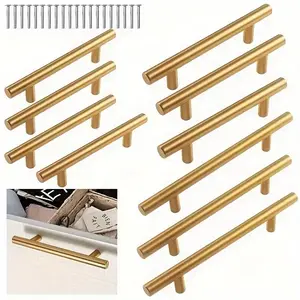 10-Pack Brushed Gold Kitchen Drawer Handles, Modern Elegant Design, Modern Aesthetic, Screws Included, Suitable for Cabinets, Dressing Tables, Dressers, Furniture Hardware