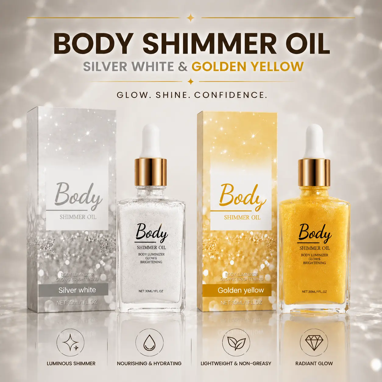 Holographic Body Shimmer Oil, Hydrating Liquid Illuminator with a Cooling Sensation for Face & Body, Radiant Glow for All Skin Types, 30ml, Bottle, Vegan