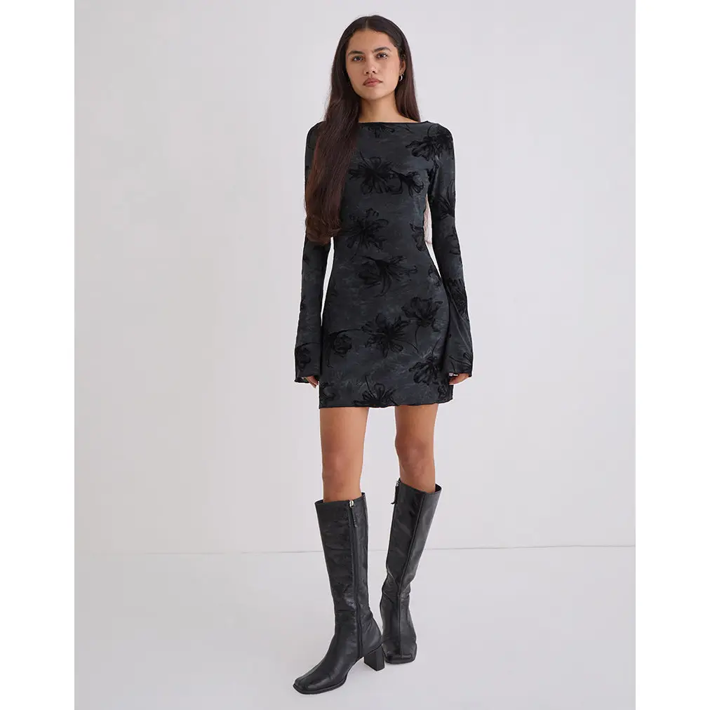 Sevila Long Sleeve Mini Dress in Burnout Velvet Grey