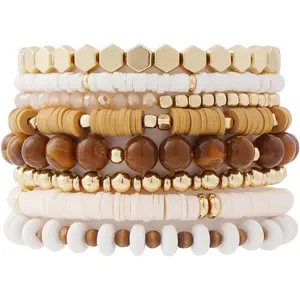 Surfer Heishi Clay Bead Bracelets for Women Bohemian Stackable Gold Plated Beaded Stretch Bracelets Elastic Layering Friendship Bracelets Set Boho Jewelry