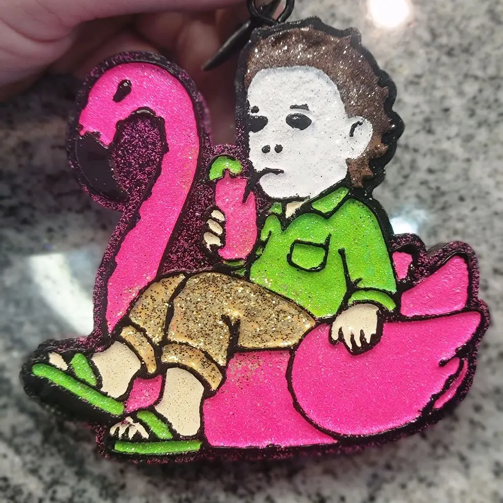 Horror guy on flamingo float car charm air freshener freshie