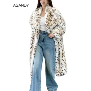 Women's leopard print faux fur coat, casual long sleeved waterfall collar fuzzy coat, autumn and winter oversized coat, elegant apricot collar jacket, women's clothingRAIMENTRY