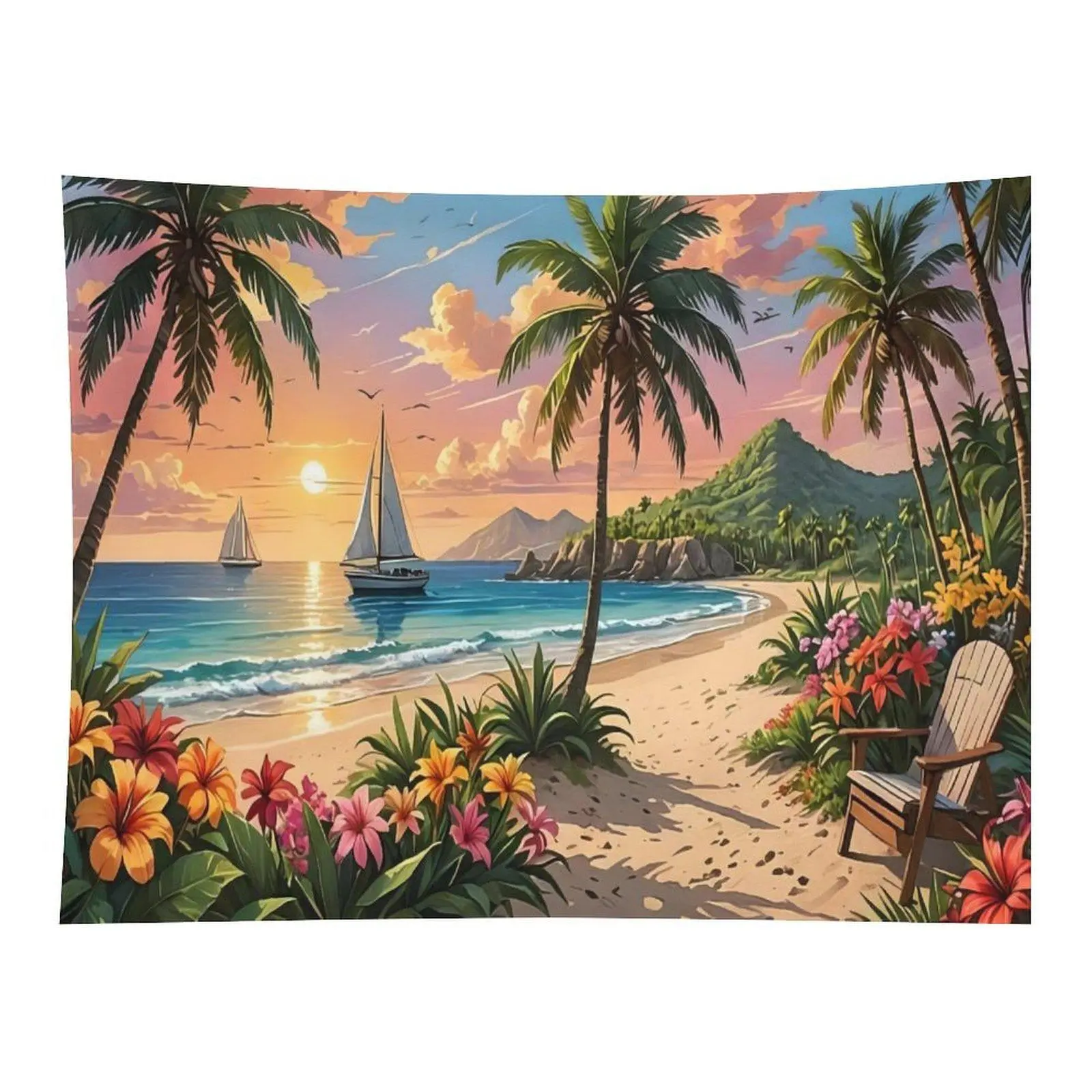 Anti-Wear Polyester Vibrant Tropical Sunset Wall Tapestry - Hawaiian Beach, Palm Tree, Sailboat, Ocean, Flowers Decor - Hawaiian Island Landscape Wall Hanging for Vacation-Themed Bedroom, Dorm Backdrop