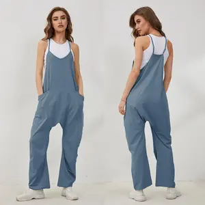 Molitree Women's Causal Jumpsuits V Neck Sleeveless Harem Overalls Stretchy Adjustable Strap Romper with Pockets