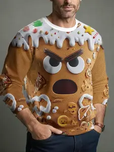 Christmas Party Men's Angry Gingerbread Man Pattern Sweatshirt, 3D Embossed Round Neck, Funny Cookie Person Design, Street Style