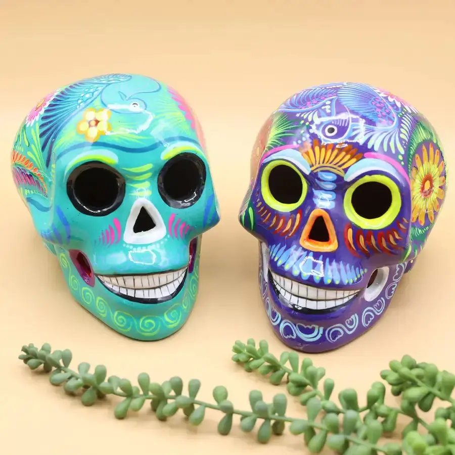 Large Traditional Hand-Painted Hollow Ceramic Xalitla Sugar Skulls (5" Wide) - Day of the Dead Home Decor, Interior Decoration Accessories, Light Up Your Space Statues & Figurines, Decoration Items