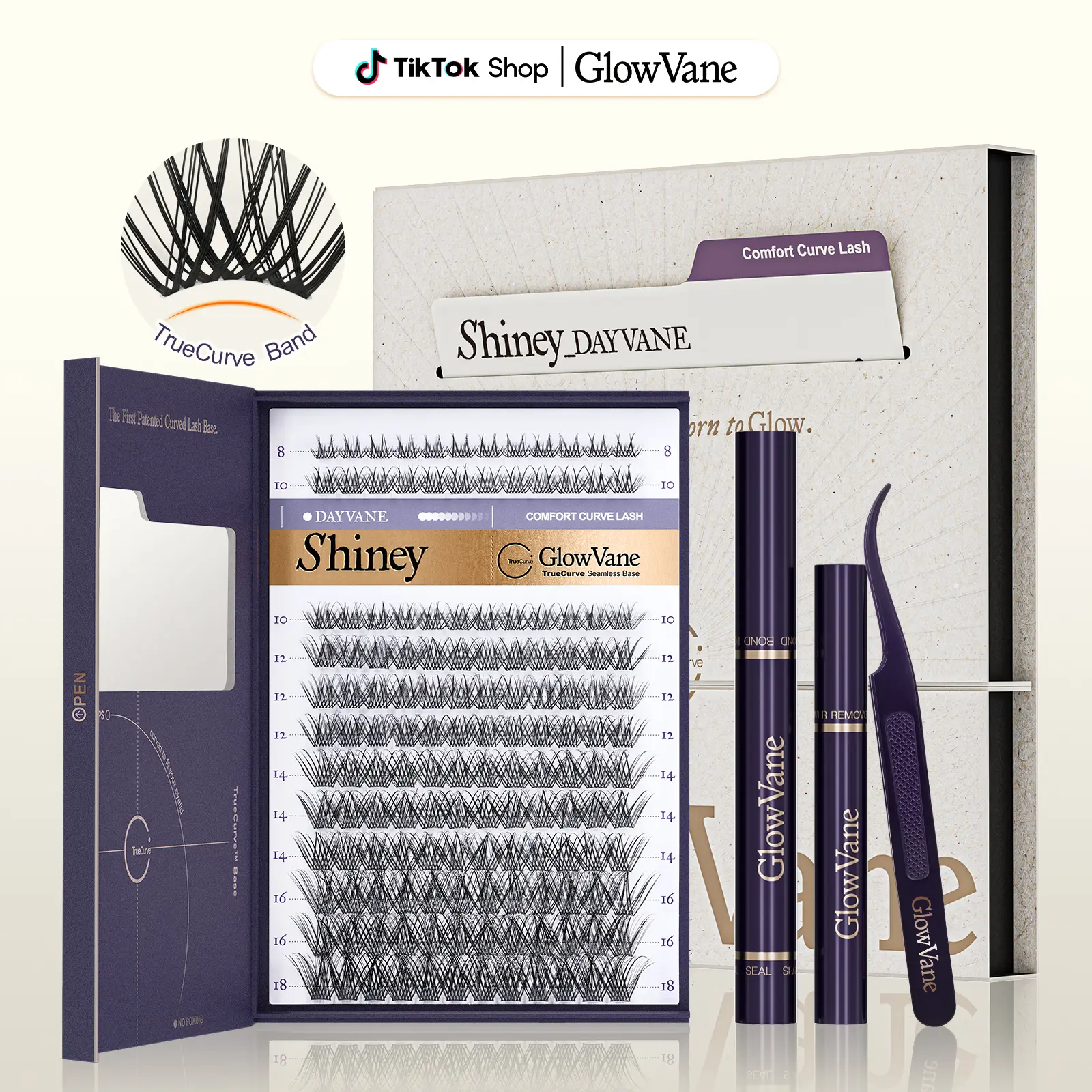 Shiney | GlowVane TrueCurve Lash Clusters Kit Natural Wispy DD Curl 0.03mm Curved Band Soft Lightweight 8-18mm DIY Lash Extensions for Beginners (Shiney)
