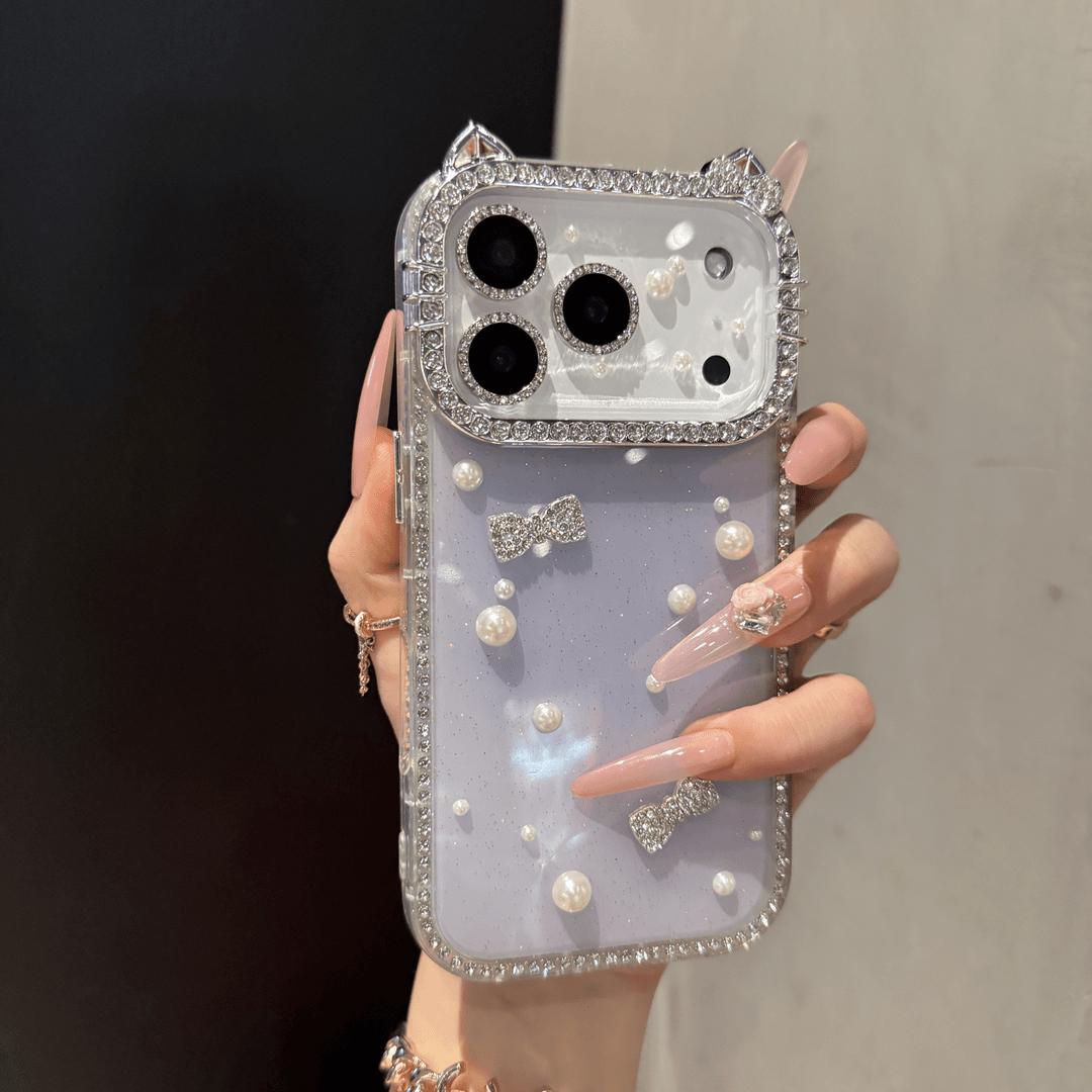 DIY Glitter Clear Phone Case with Pearl & Rhinestone Bow Charms, Bling Cat Ear Diamond Frame Customizable Protective Cover for IP 17 Pro max, 16plus, 15, 14, 13 junk