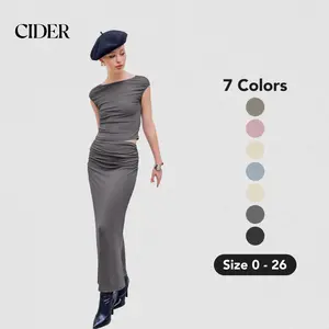 Cider [7 colors, size 0-26] Crop Top & Ruched Bodycon Maxi Skirt 2 Piece Set, High Stretch, Summer Beach Outfit, Baddie sets