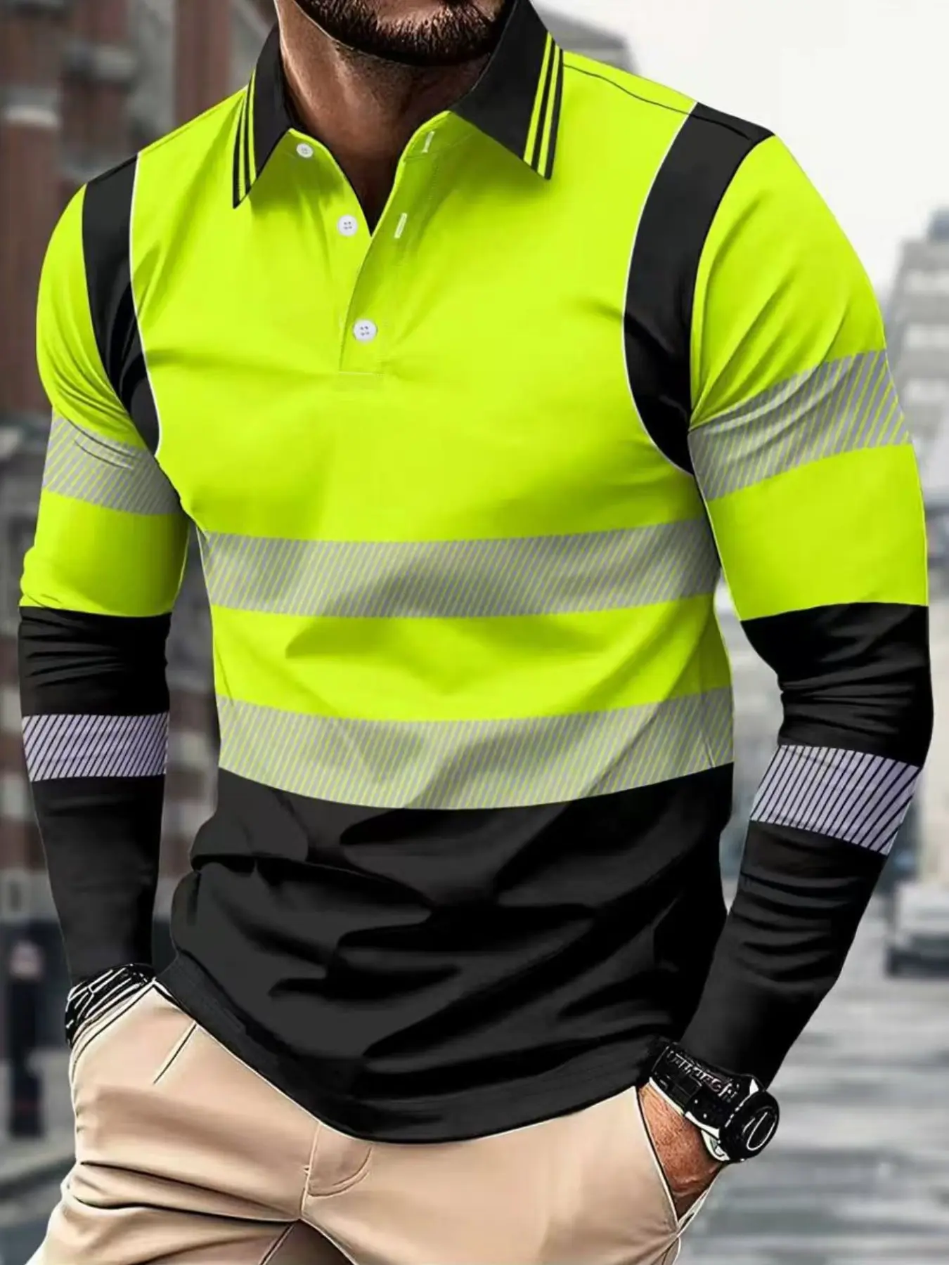 Men's long-sleeved shirt with black horizontal stripes decoration, gray and white stripe patchwork style, white button design, dynamic and fashionable casual style Striped Menswear Polo Casual Wear Clothing