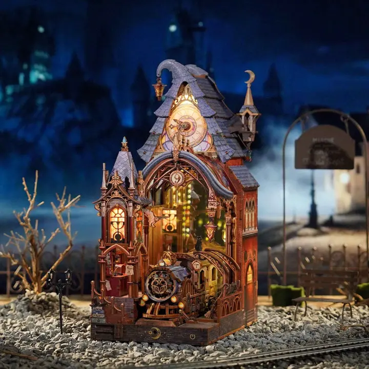 TONECHEER Gothic Battery-Powered Wooden 3D DIY Miniature Book Nook Kit - Magic Platform, Puzzle-Shaped, Exterior Clock, AA Battery-Operated for Toys & Hobbies Enthusiasts needoh