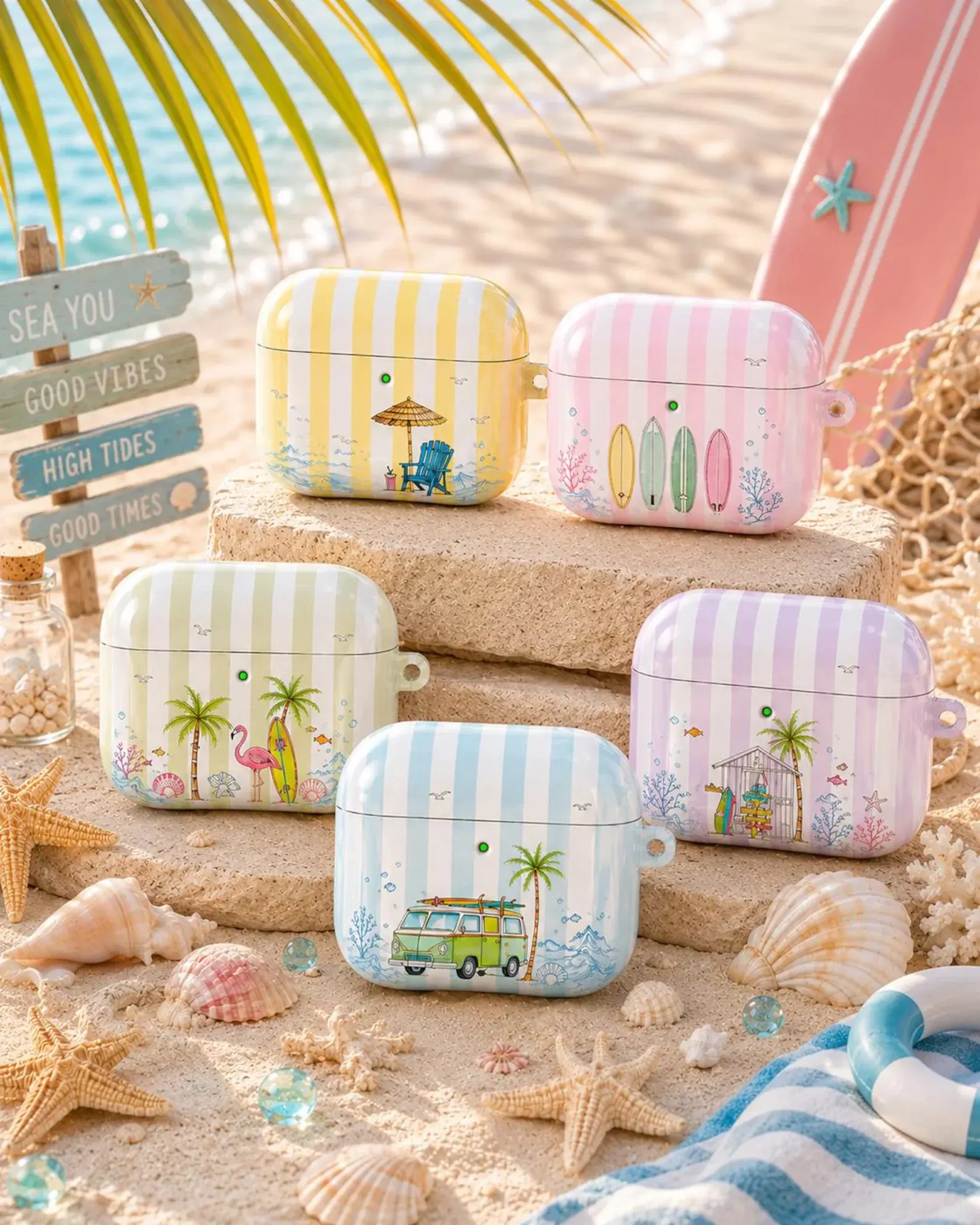 Coquette Italian Summer Airpods Case, Vintage Lobster Earbud Cover, Cute Ocean Sea Shell Coral Stripe Case Protective for AirPods 4 3 Pro 2