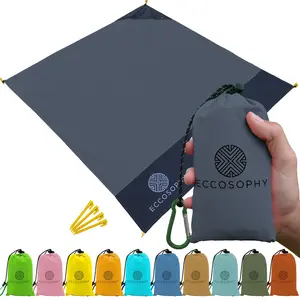 ECCOSOPHY Sand Proof Beach Blanket-Waterproof Picnic Blanket 60x55-Outdoor Compact Pocket Blanket-Lightweight Ground Cover for Hiking, Camping, Festivals, Sports, Travel-with Bag & Stakes (Charcoal)