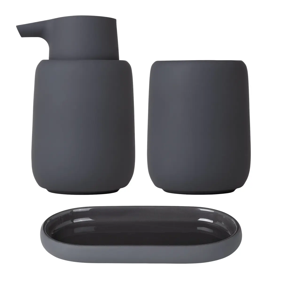 Blomus 36104 SONO 3-Piece Minimalist Compact Modern Round Silicone-Ceramic Bathroom Accessory Set - Magnetic, Charcoal, Smooth Soap Dispenser, 3.7x3.4x5.7in, 4.3inhx3.3ind, 8.5oz, for Bathroom Routine & Calming and Harmonious Bath Decor